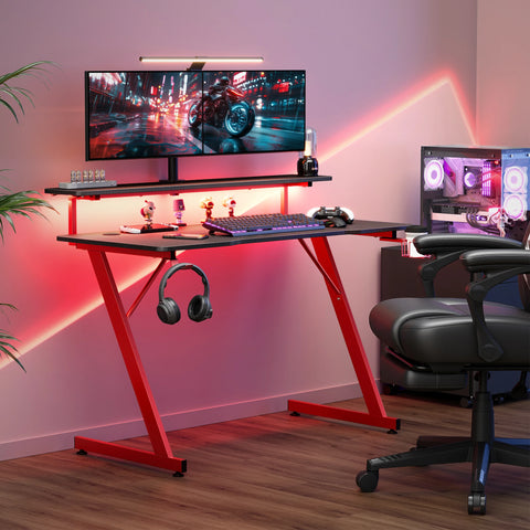 SONGMICS HOME Gaming Desk with LED Lights, Z-Shaped Computer Desk with Monitor Stand, Cup Holder and Headphone Hook