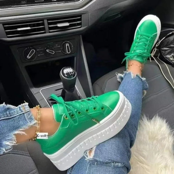 2024 Women Sneakers Solid Color Pu White Shoes Skateboard Height Increased Platform Vulcanized Casual Winter Lady Lace-Up Flats