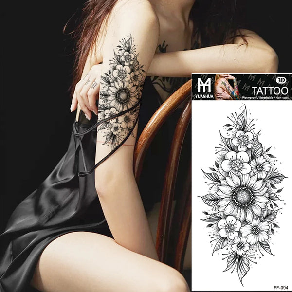 Black Flower Temporary Tattoos Sticker Arm Sleeve Rose Moon Butterfly Snake Henna Body Decorate Realistic Fake 3D Women Totem