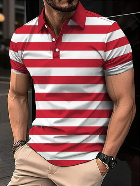 2024 New men's short sleeved 3D digital printing summer lapel contrasting striped polo shirt for men's business and leisure top