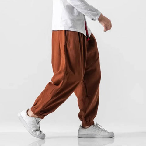 Men's 9-inch casual pants  spring and autumn loose Harun pants  linen lantern pants  men's summer thin ice silk wide leg pants