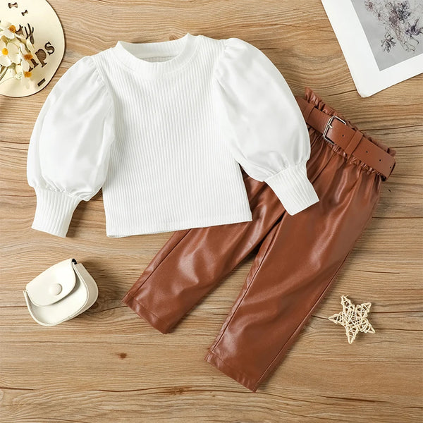 Kids Girls Clothing Set Long Puff Sleeve Ribbed Blouse Tops+PU Leather Pants with Belt 2pcs For Girls' Clothing Size 1 2 3 4 5 6