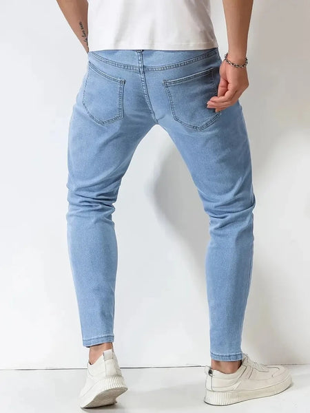 Men Jeans Stretch Skinny Denim Pants Solid Color Black Blue Autumn Summer Luxury Street Harajuku Hip-Hop Style Slim Fit Trousers