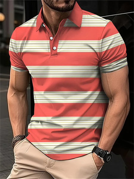 2024 New men's short sleeved 3D digital printing summer lapel contrasting striped polo shirt for men's business and leisure top