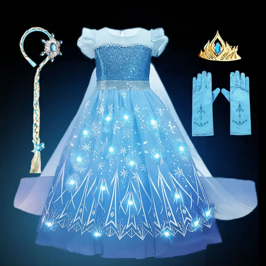 2024 Stunning Frozen Elsa Dress with LED Light Girls Role Play Princess Apparel Toddler Snow Queen Light up Disney Fairy Elsa