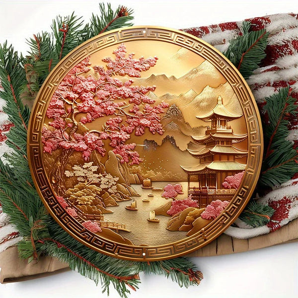 A Golden Medallion That Contains A Traditional Design Of Chinese Cherry Blossom Artwork, Door Hanger Sign Wall ,Metal Decor Sign