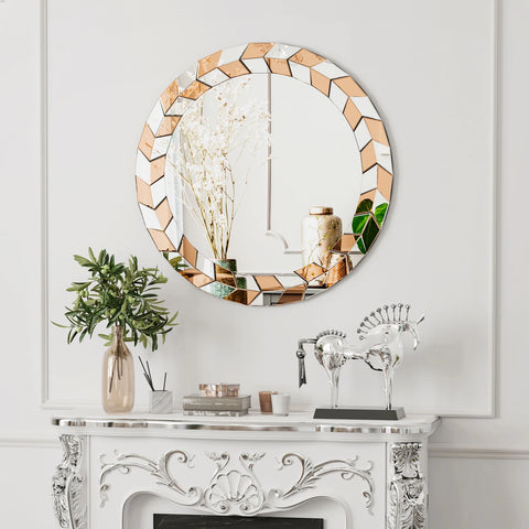 24 inch Round Wall Mirror: Large Decorative Silver Vanity with Beveled Glass Olive Leaves Frame Edge Home Modern Mirror