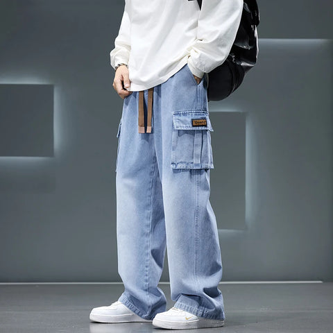 Autumn New Wide Leg Washing Jean Pants Men Trousers Neutral Solid Color Loose Casual Fashion Pocket Cargo Pants Big Size 8xl