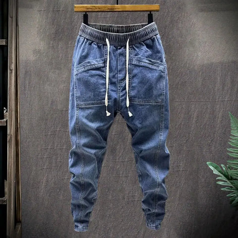 Spring Autumn Men Jeans Elastic Drawstring Waist Pockets Denim Trousers Solid Color Casual Cargo Harem Pants Men's Clothing