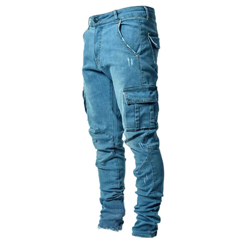 Jeans Men Black Cargo Pants Multi Pockets Denim Pantalones Blue Slim Fit Overol Hombre Fashion Casual Streetwear Trousers 3XL