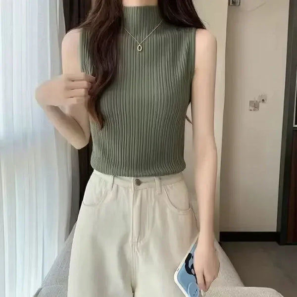 Fashion Women Knitted Vest Solid Color Sleeveless Half High Collar Slim Base Camisole Casual Tank Top Knitwear Summer Streetwear