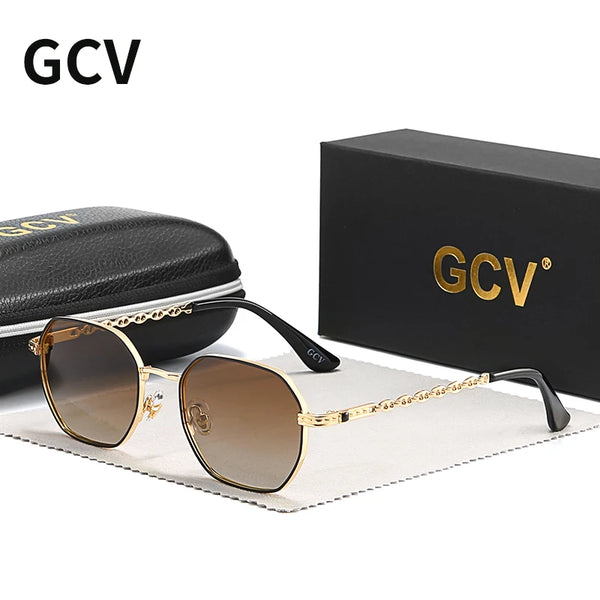 GCV brand classic retro women's rectangular square metal frame glasses, sunglasses, Polaroid lenses，Box Oculos De Sol Gafas