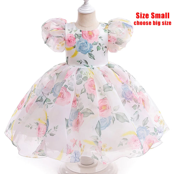 Fashion Girl White Princess Dress Tulle Puff Sleeve Wedding Party Kids Dresses for Girls Birthday Child Clothes Bridesmaid Gown