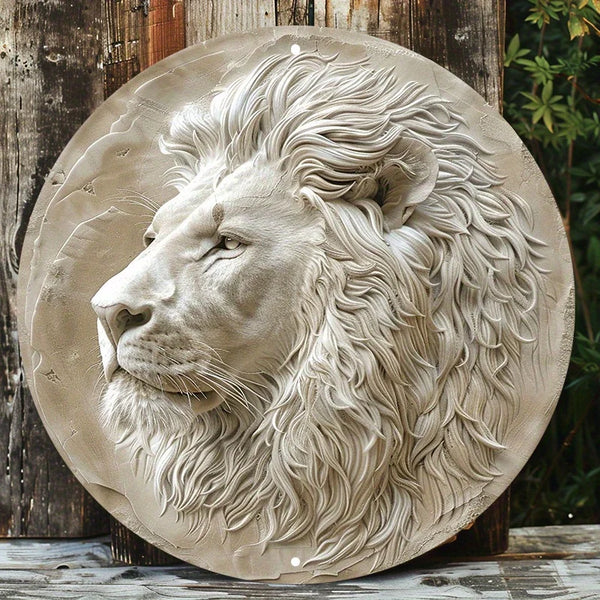 African Lion Aluminum Art Set, Waterproof, Pre-drilled, HD Printing, Weather Resistant, Round Metal Wall Decor, 8in, 11.8in, 1PC