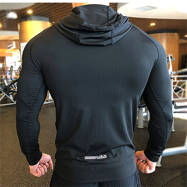 Elastic Tight Hoodies Men‘s Running Fitness Jogging Hooded Quick Drying Compression Sweatshirts Male Bodybuilding Gym Sportwear