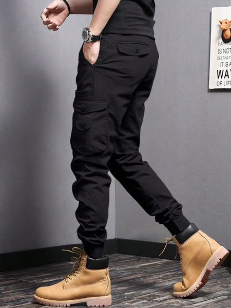 Casual Side Flap Pockets Workwear Tapered Pants, Men's Cargo Pants For Spring Fall Outdoor