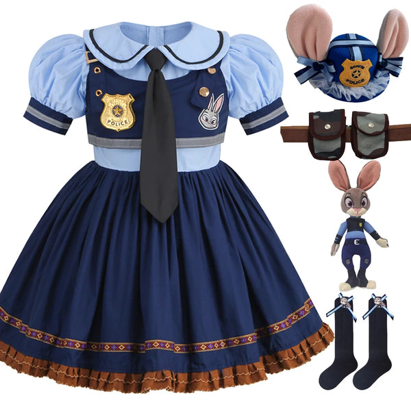 Movie Zootropolis Judy Cosplay Costume Kid Dress Tie Headdress Belt Socks Set Girl Police Role Play Uniform Christmas Party Gift