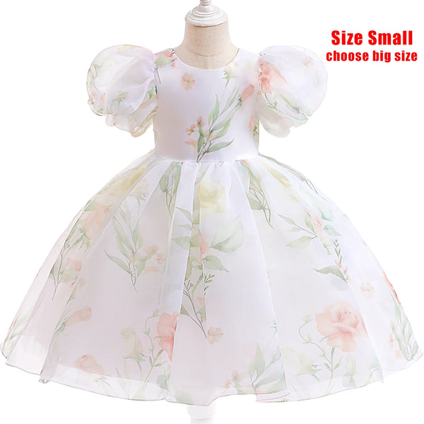 Fashion Girl White Princess Dress Tulle Puff Sleeve Wedding Party Kids Dresses for Girls Birthday Child Clothes Bridesmaid Gown