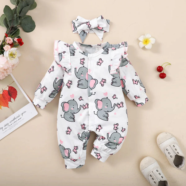 Baby Girl Romper Long Sleeve Cute Elephant Bodysuit+Headband Casual Bodysuit for Toddler Girl 0-18Months Clothes