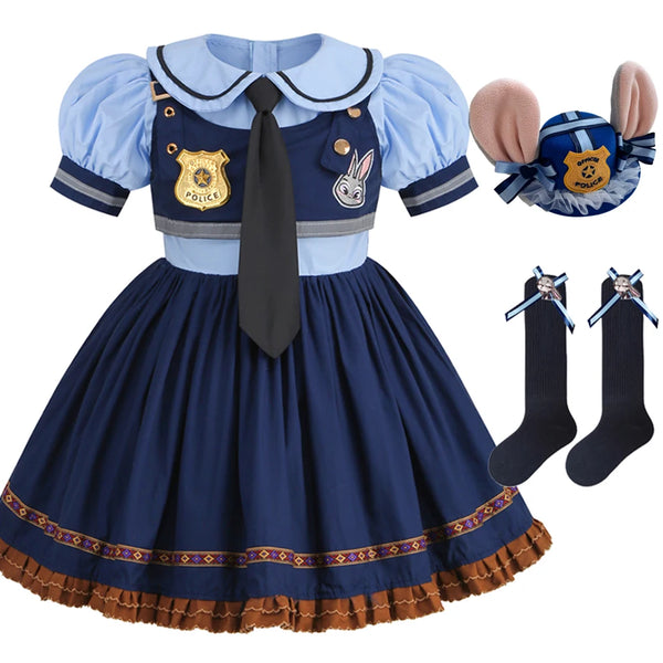 Movie Zootropolis Judy Cosplay Costume Kid Dress Tie Headdress Belt Socks Set Girl Police Role Play Uniform Christmas Party Gift