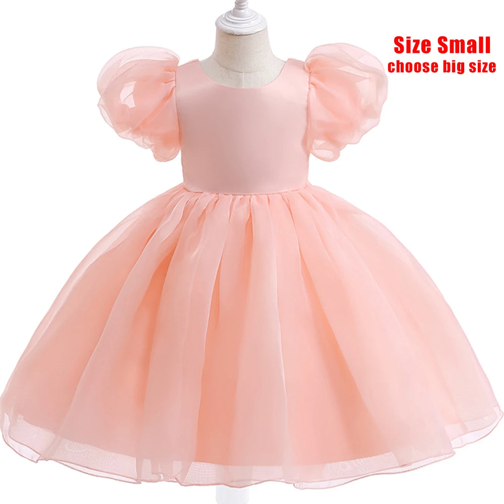 Fashion Girl White Princess Dress Tulle Puff Sleeve Wedding Party Kids Dresses for Girls Birthday Child Clothes Bridesmaid Gown