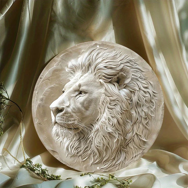 African Lion Aluminum Art Set, Waterproof, Pre-drilled, HD Printing, Weather Resistant, Round Metal Wall Decor, 8in, 11.8in, 1PC