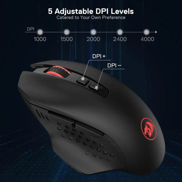 Redragon M656 Gainer Wireless Gaming Mouse, 4000 DPI 2.4Ghz Wireless Gamer Mouse w/ 5 DPI Levels, 7 Macro Buttons, Red LED Backl