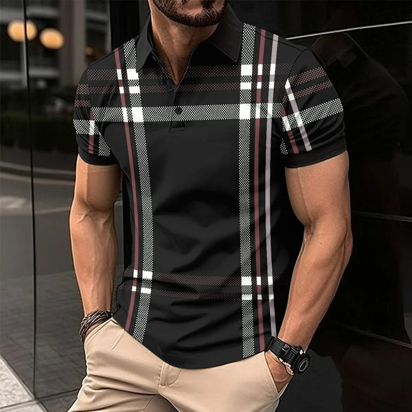 2025 The latest explosive men's lapel quick-drying short-sleeved fashion digital print striped Polo loose shirt