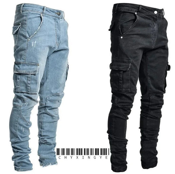 Jeans Men Black Cargo Pants Multi Pockets Denim Pantalones Blue Slim Fit Overol Hombre Fashion Casual Streetwear Trousers 3XL