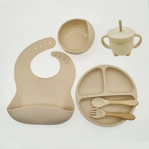 Children's Dishes Set Baby Silicone 6/8-piece Tableware Set Suction Cups Forks Spoons Bibs Straws Cups Mother and Baby Supplies