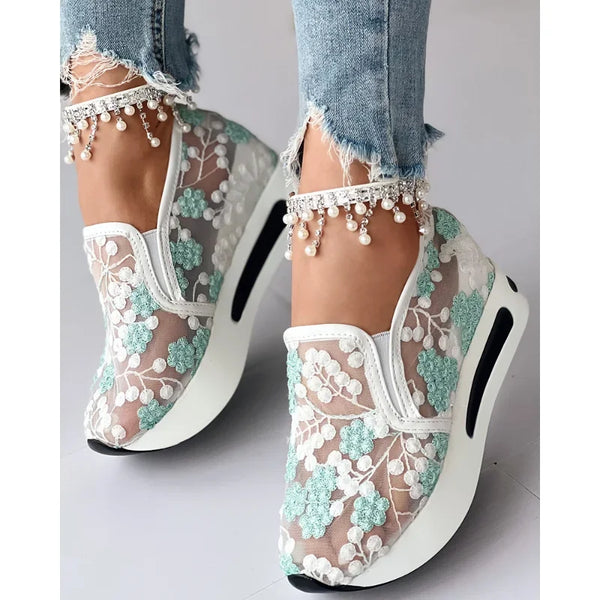 Women Fashion Casual Shoes Running Shoes Sport Wear Floral Embroidery Sheer Mesh Sneakers