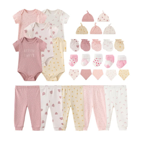 Cute Baby Girl Layette Gift Set Cotton Newborn Boy Clothes & Newborn Essentials 30-Piece Bodysuits+Pants+Hats+Mittens+Socks+Bibs