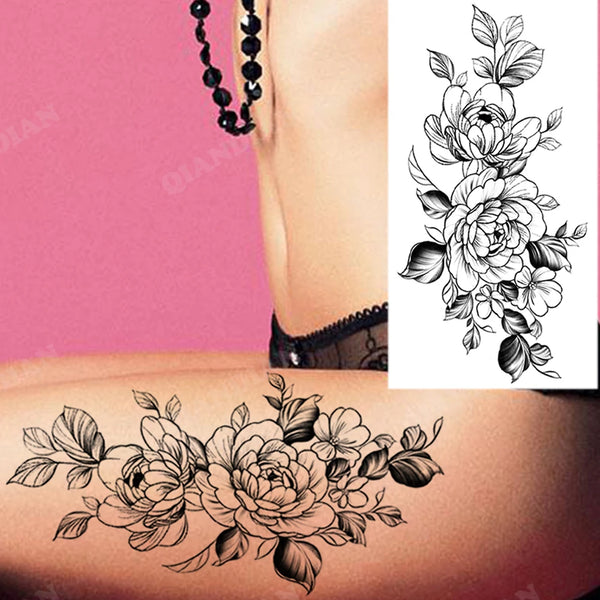 Black Flower Temporary Tattoos Sticker Arm Sleeve Rose Moon Butterfly Snake Henna Body Decorate Realistic Fake 3D Women Totem