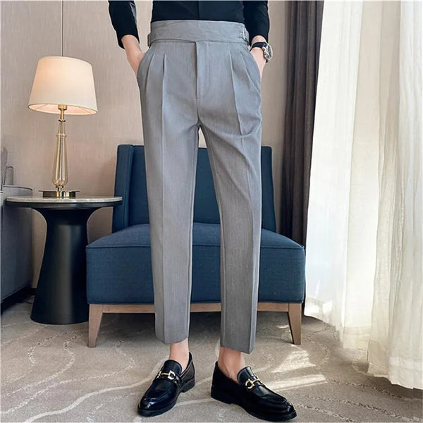 British Style Men High Waist Casual Dress Pant Men Belt Design Slim Trousers Formal Office Social Wedding Party Dress Suit Pants