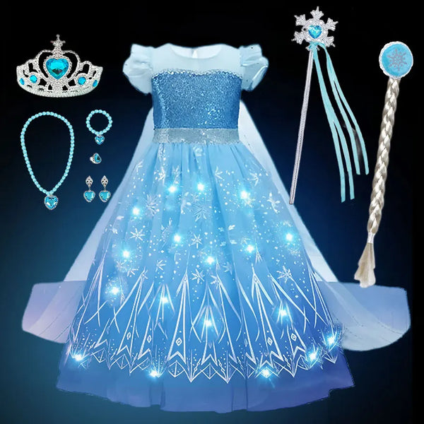 2024 Stunning Frozen Elsa Dress with LED Light Girls Role Play Princess Apparel Toddler Snow Queen Light up Disney Fairy Elsa