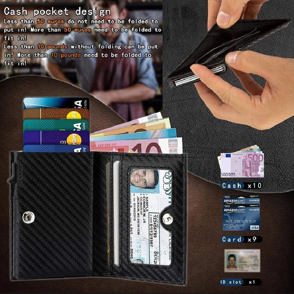 Men Credit Card Holder Slim Fit Pop Up Metal Wallet with RFID Blocking Minimalist Carbon Fiber Leather  Wallet