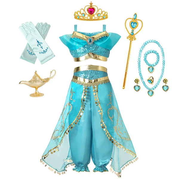 Jasmine Princess Dress for Girls Birthday Party Carnival Cosplay Aladdin Magic Lamp Costume Kids Vestidos Set Outfits Clothing