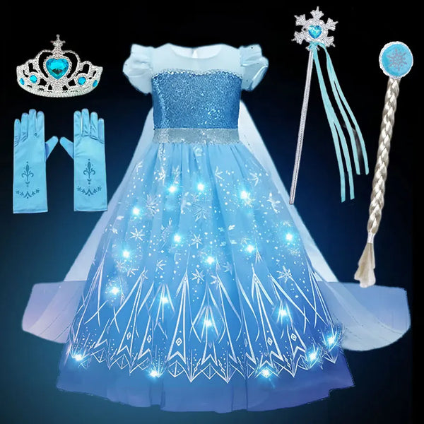 2024 Stunning Frozen Elsa Dress with LED Light Girls Role Play Princess Apparel Toddler Snow Queen Light up Disney Fairy Elsa