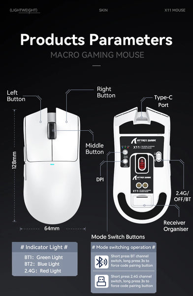 Attack Shark X11  Bluetooth Wireless Mouse Three Mode 2.4G PAW3311  RGB  PC Magnetic charging dock ,Gaming E-sports Mouse