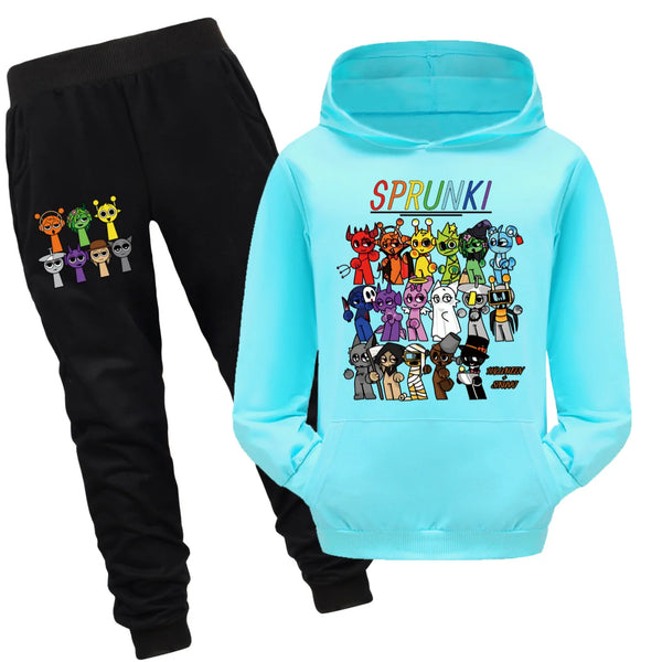 Cute Sprunki Cartoon Clothes Set for Kids Game Incredibox Hoodie Children Fall Hooded Sweatshirts Pants 2pcs Set Boys Outfits