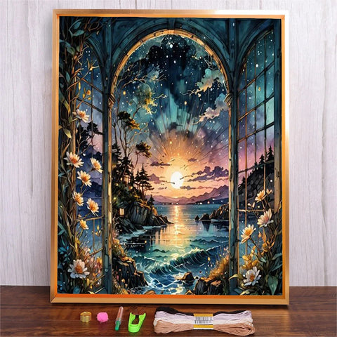 DMC Thread Embroidery Kit For Night Sky DIY Landscape Printed Pattern Cross Stitch Set Needlework Handmade Art Crafts Kit