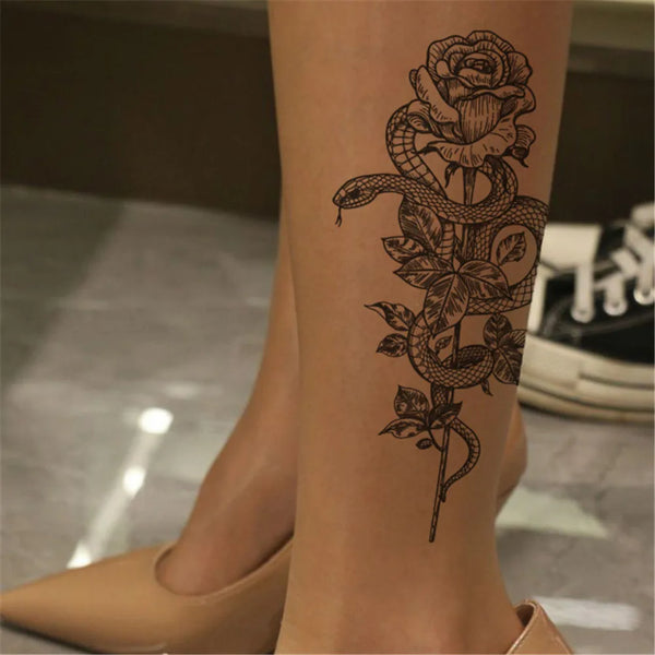 2022 Summer Snake Flower Temporary Tattoos Sticker Waterproof Cool Dark Style Unisex Water Transfer Fake Tattoo Women Accessory