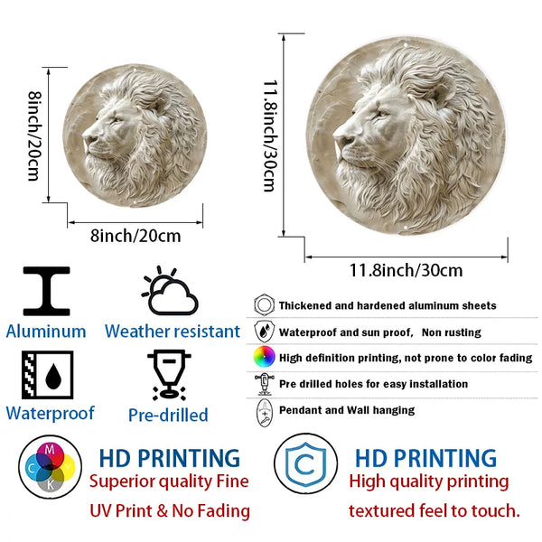 African Lion Aluminum Art Set, Waterproof, Pre-drilled, HD Printing, Weather Resistant, Round Metal Wall Decor, 8in, 11.8in, 1PC