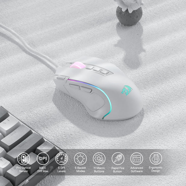 Redragon M612 Predator RGB Gaming Mouse 8000 DPI Wired Optical with 11 Programmable Buttons, White