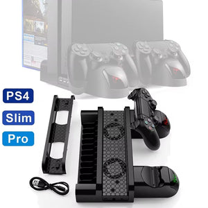 PS4 Stand Cooling Fan Station for Playstation 4/Slim/Pro with Dual Controller EXT Port Charger Dock Station and 10 Game Slots