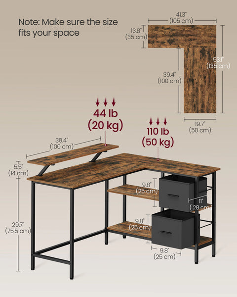 VASAGLE L-Shaped Desk with 2 Spacious Drawers, Gaming Desk with Monitor Stand, Corner Desk, Computer Desk