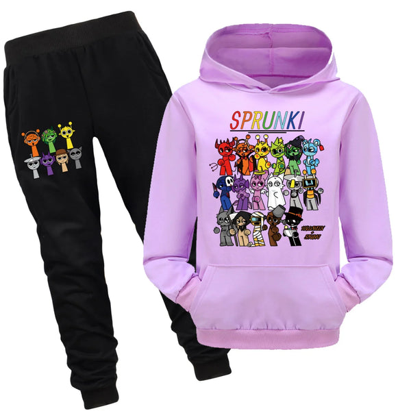 Cute Sprunki Cartoon Clothes Set for Kids Game Incredibox Hoodie Children Fall Hooded Sweatshirts Pants 2pcs Set Boys Outfits