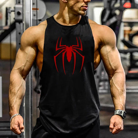 Red Spider Printed Running Tank Tops Gym Fitness Cotton Breathable Sleeveless T-Shirt Mens Bodybuilding Loose Training Clothing