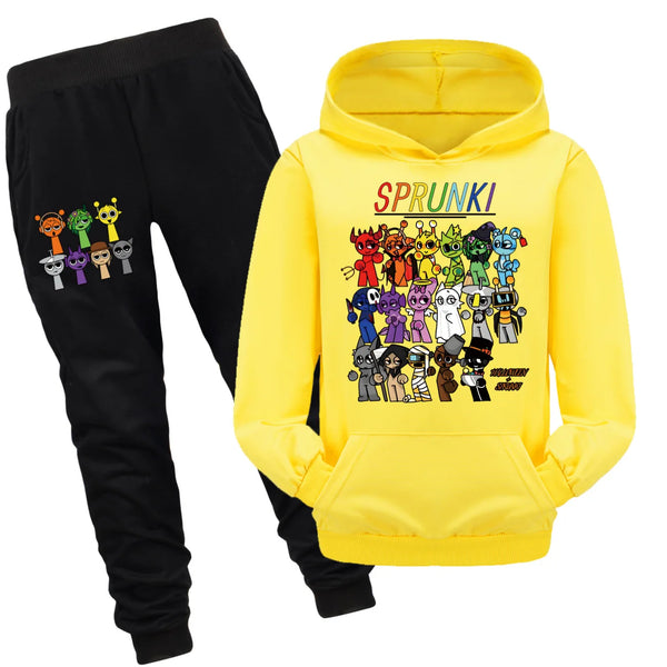 Cute Sprunki Cartoon Clothes Set for Kids Game Incredibox Hoodie Children Fall Hooded Sweatshirts Pants 2pcs Set Boys Outfits