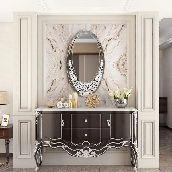 60x105CM Modern Oval Wall Mirror with Bling Effect Silver Venetian Accent Mirror for Hallway Bathroom Decor